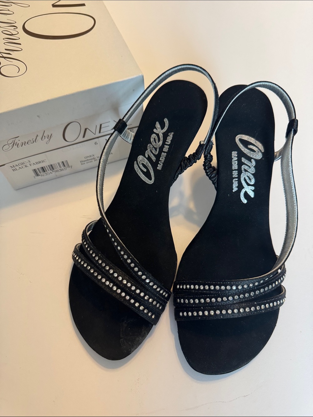 Onex Black Slingback Sandals with Silver Crystal Straps NIB Size6